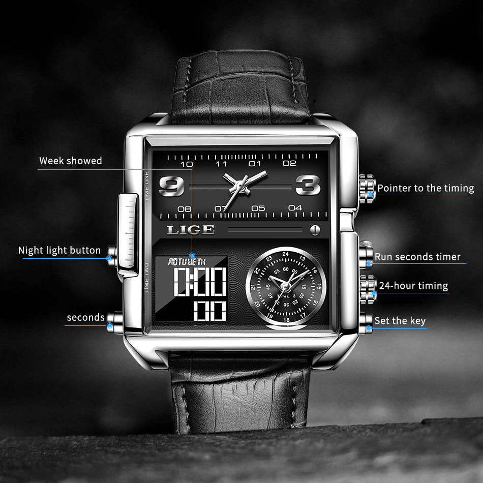 WW1729 Lige Triple Time Square Stainless Steel Belt Watch 8925